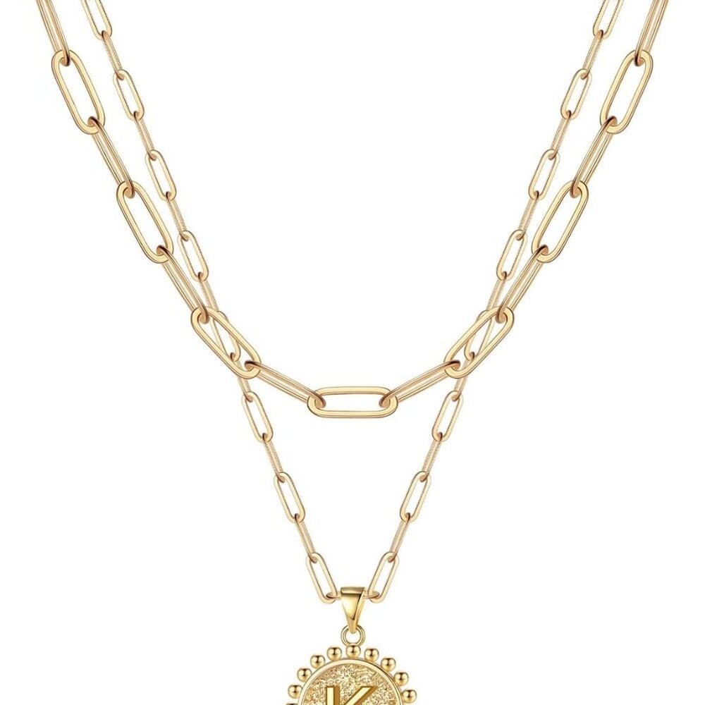 Gold Initial Necklaces for Women, 14K Gold Plated Dainty Layering Paperclip Link
